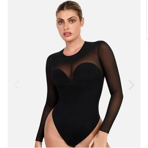 New Popilush Sheer Mesh Shapewear Long Sleeve Thong Bodysuit in Black - Picture 1 of 14